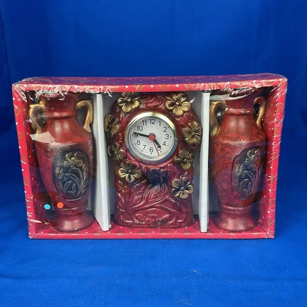 Vintage Red Floral Quartz Mantel Clock Matching Vases 3pc Gift Set New Sealed